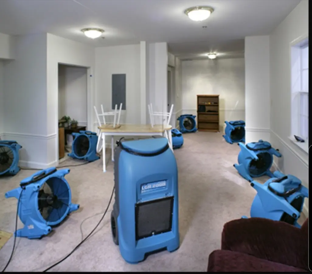 Air movers and dehumidifier setup for Water Extraction & Removal in Akron